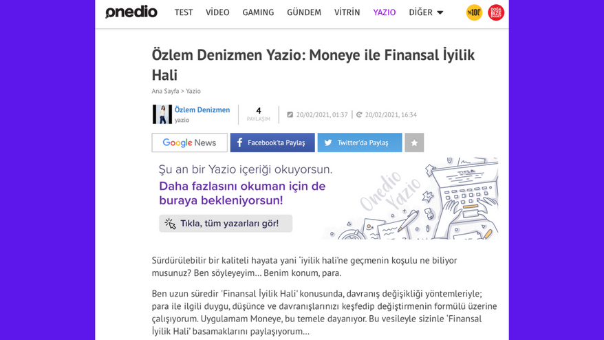 Özlem Denizmen Onedio Yazio'da Monay ile Finansal İyilik Hali'ni Açıkladı