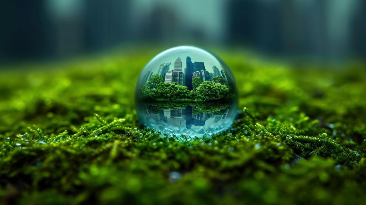 çimenlerin üzerinde plaza binalarını yansıtan küre